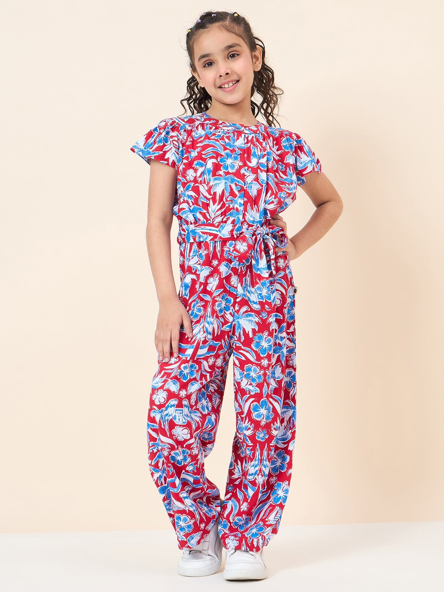 Girls Ankle Length All over Print Jumpsuit - Red