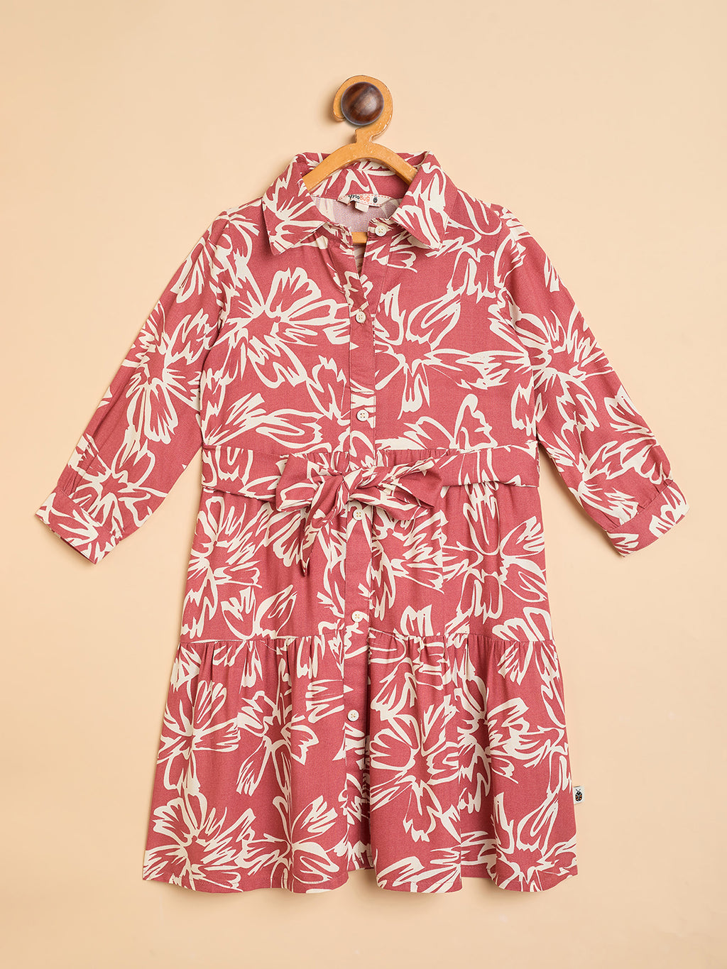 Girls Knee Length All over Print Dress - Brown