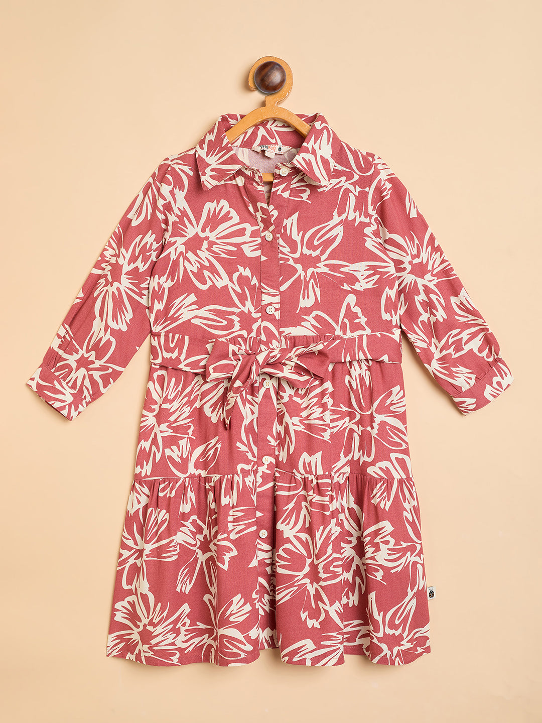 Girls Knee Length All over Print Dress - Brown