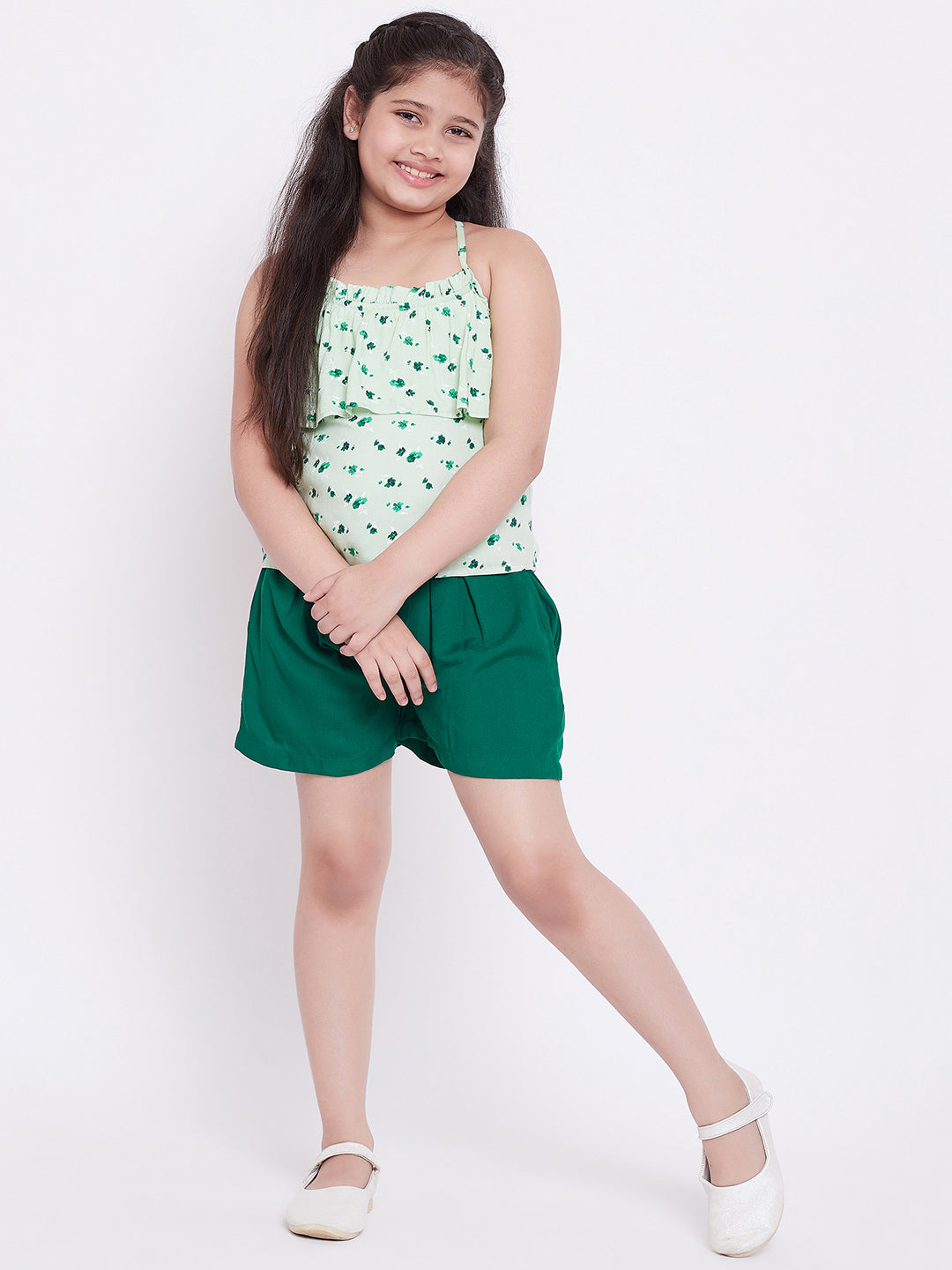 Girls Above Knee Printed Top with Shorts - Green