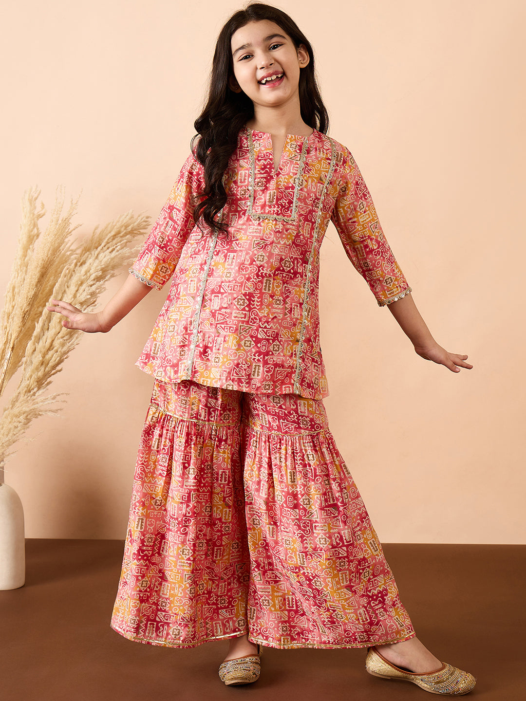 Girls Ankle Length All over Print Kurti Set - Peach