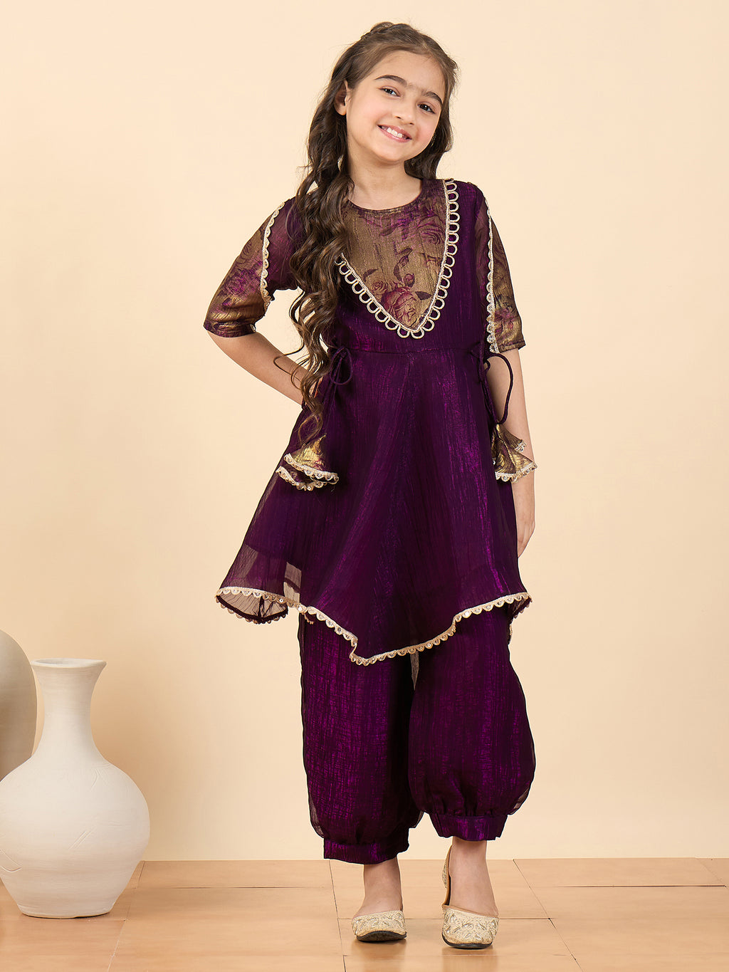 Girls Above Knee Solid Kurti Set - Purple
