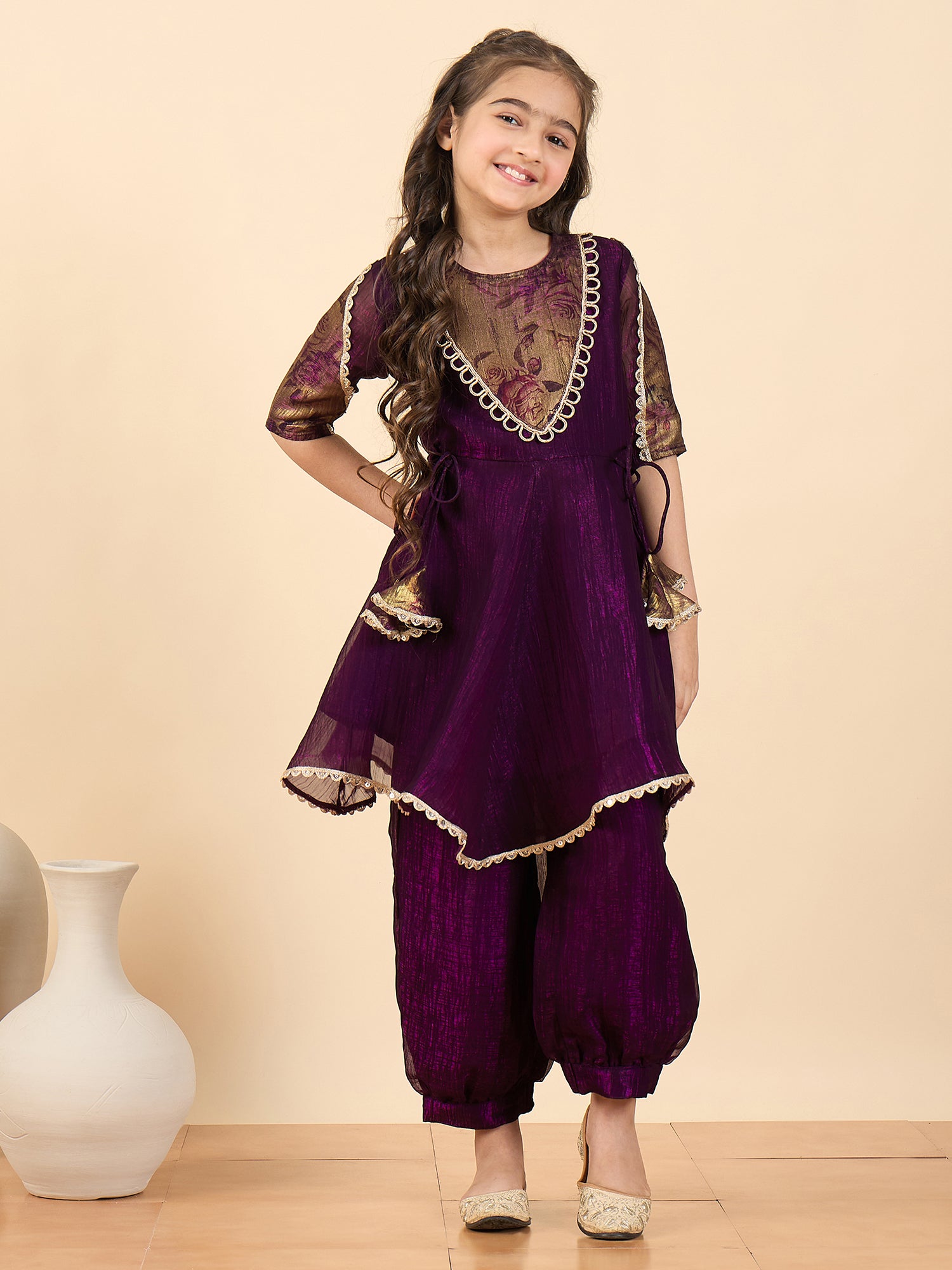 Girls Above Knee Solid Kurti Set - Purple