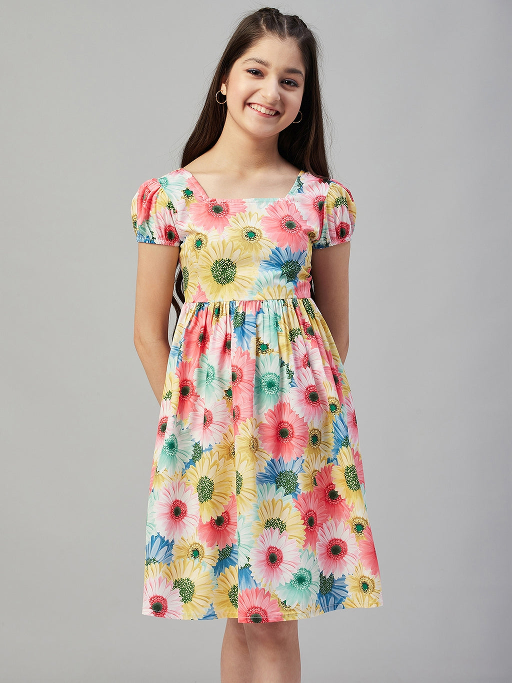 Girls Above Knee Printed Dress - Multi