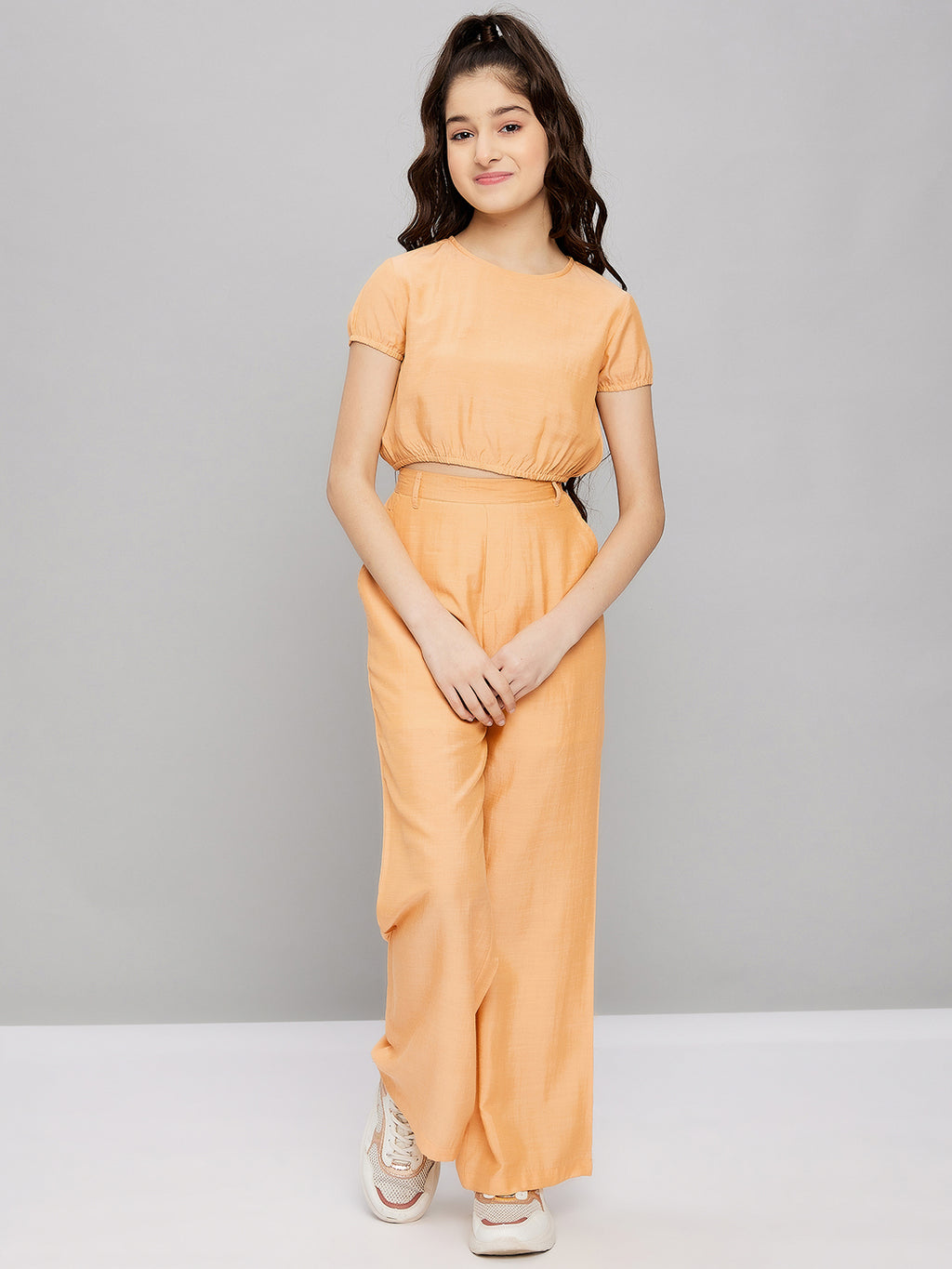 Girls Ankle Length Solid Top With Pants - Yellow