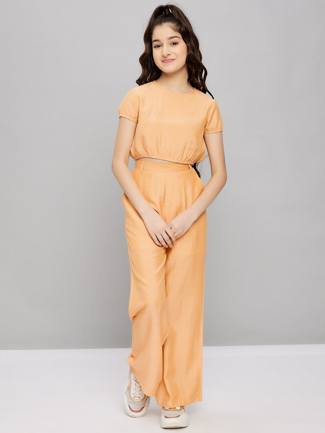 Girls Ankle Length Solid Top With Pants - Yellow