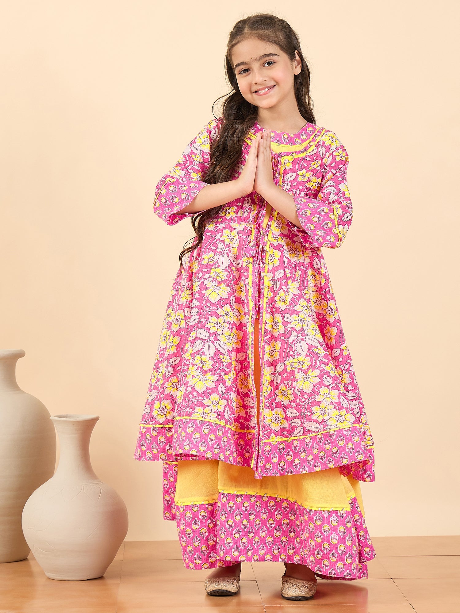 Girls Full Length Embroidery Kurti Set - Pink