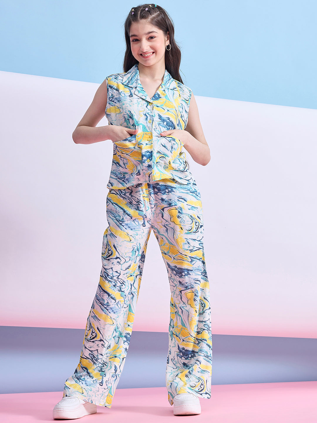 Girls Ankle Length Abstract Print Top With Pants - Multi