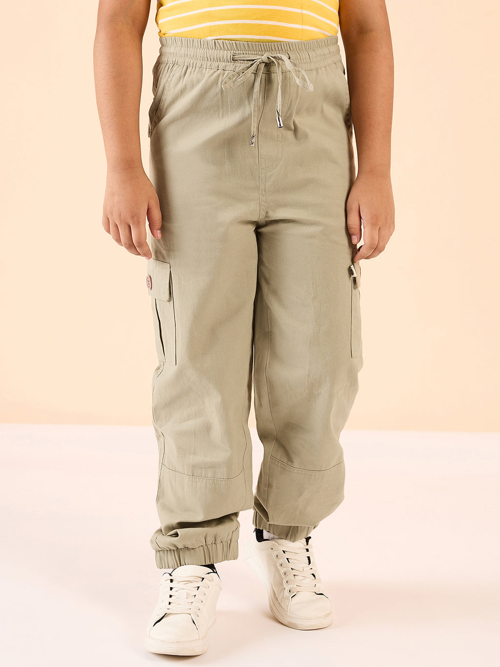 Boys Ankle Length Solid Cargo Pants - Beige