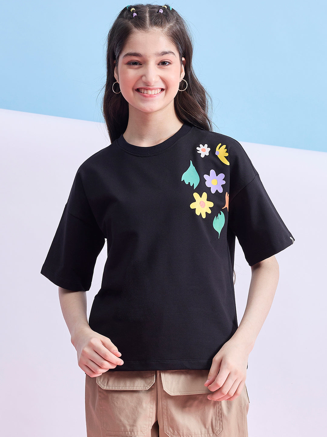 Girls Hip length Printed T-shirt - Black
