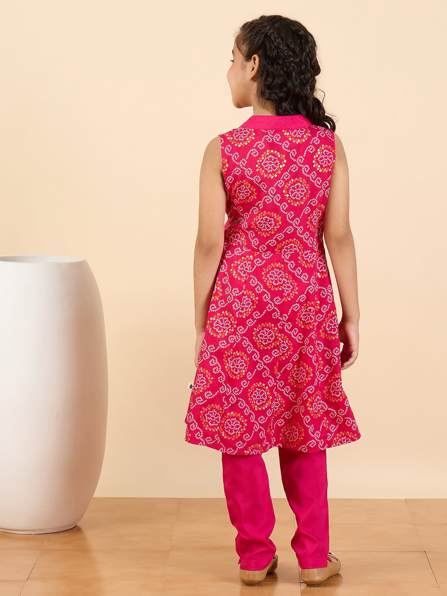 Girls Above Knee All over Print Kurti Set - Magenta