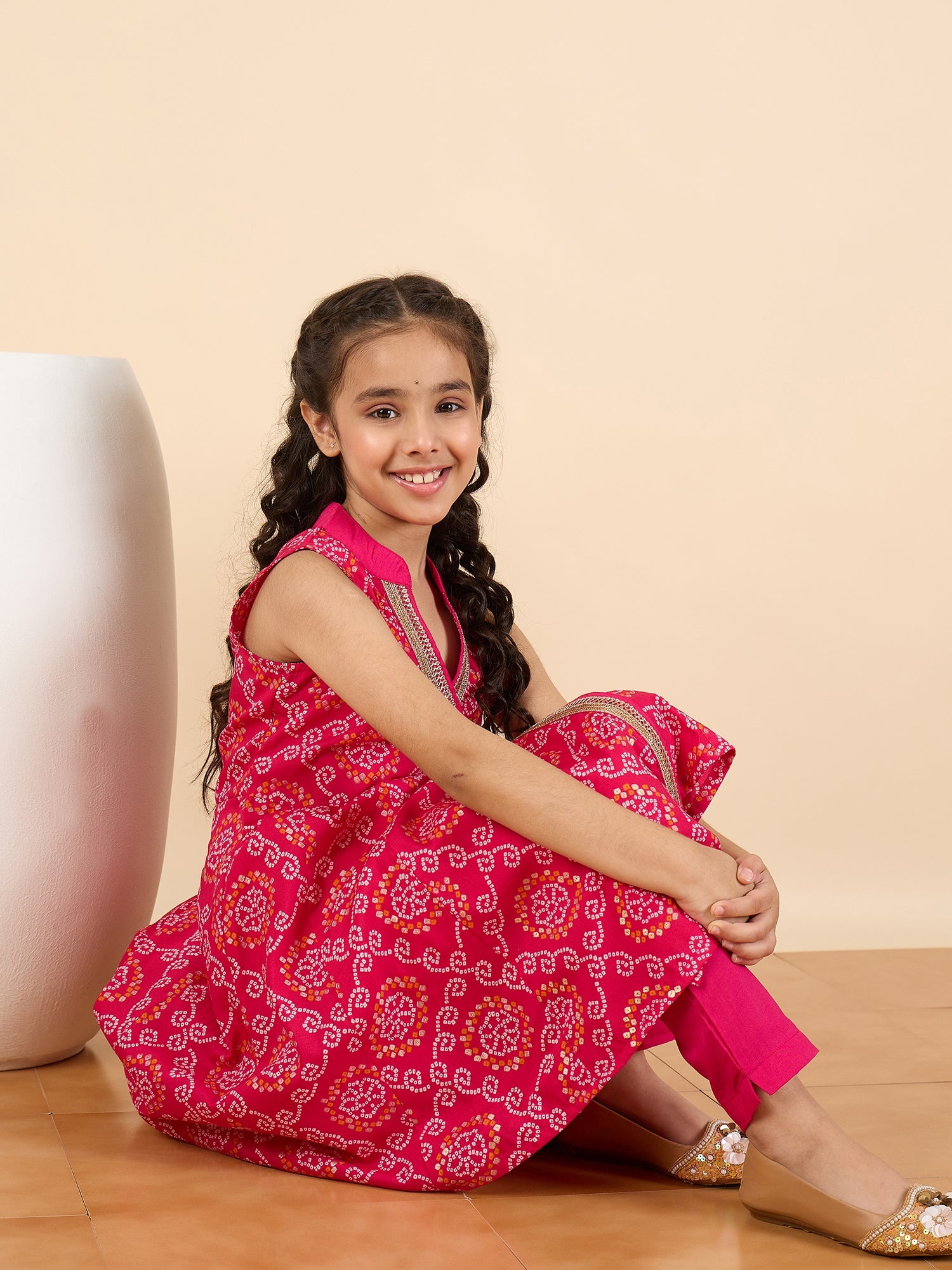 Girls Above Knee All over Print Kurti Set - Magenta