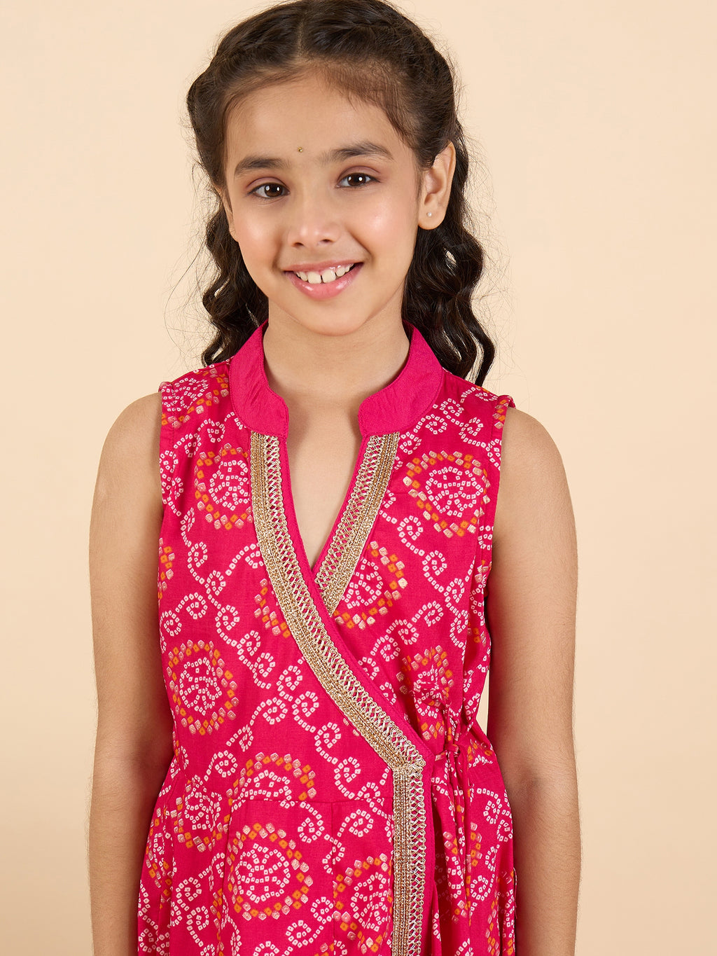 Girls Above Knee All over Print Kurti Set - Magenta