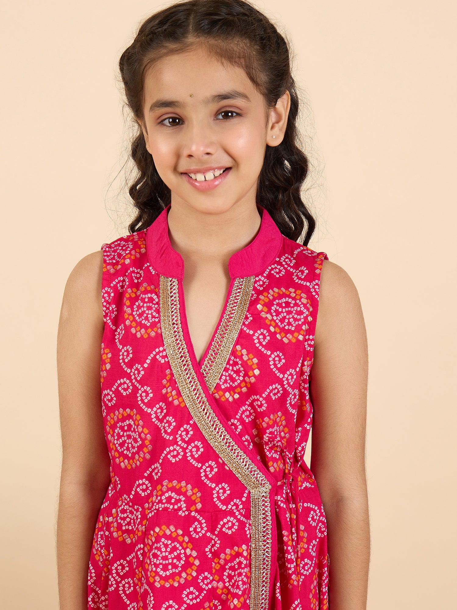 Girls Above Knee All over Print Kurti Set - Magenta