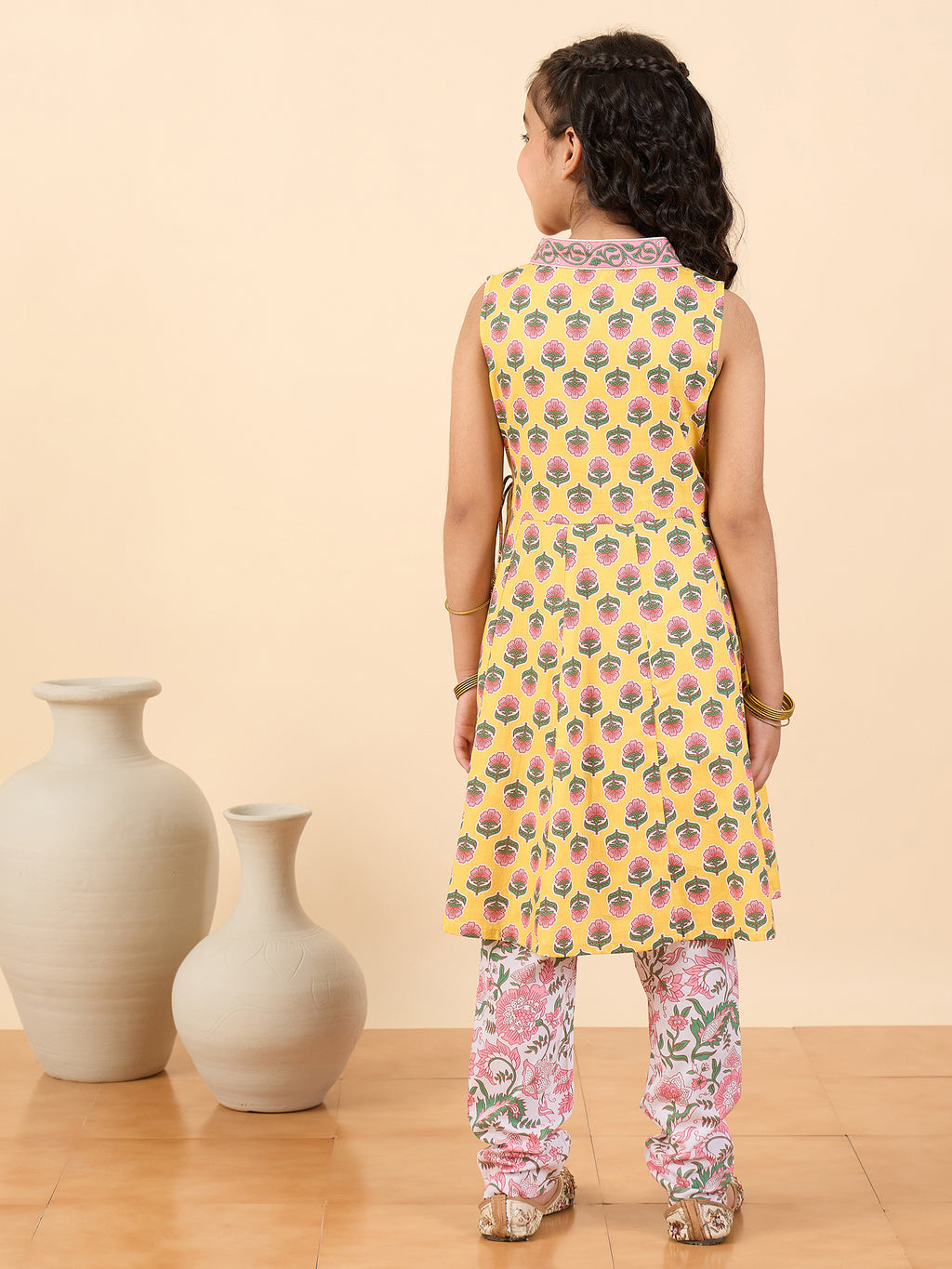 Girls Full Length All over Print Kurti Set - Yellow