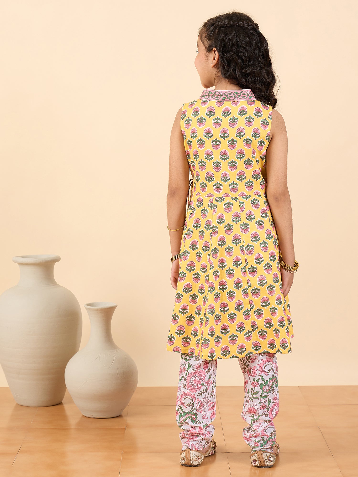 Girls Full Length All over Print Kurti Set - Yellow