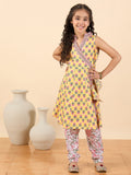 Girls Full Length All over Print Kurti Set - Yellow