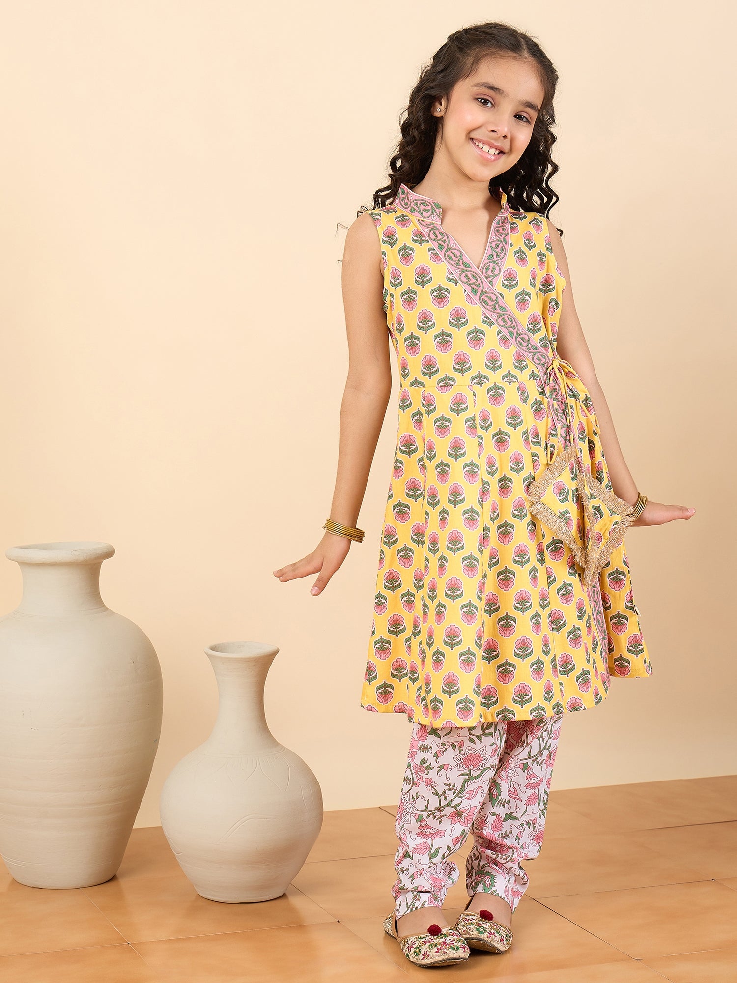 Girls Full Length All over Print Kurti Set - Yellow