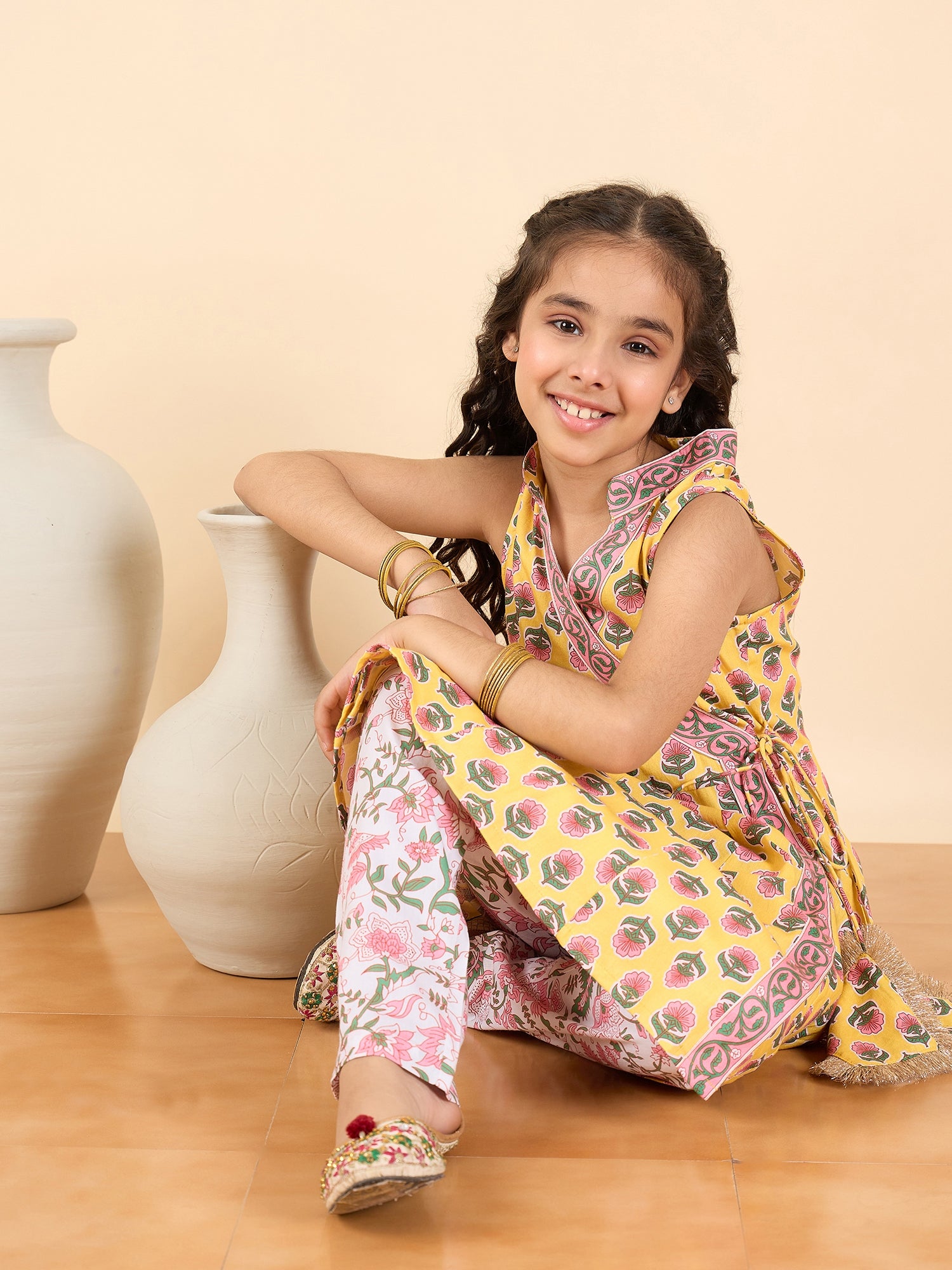 Girls Full Length All over Print Kurti Set - Yellow