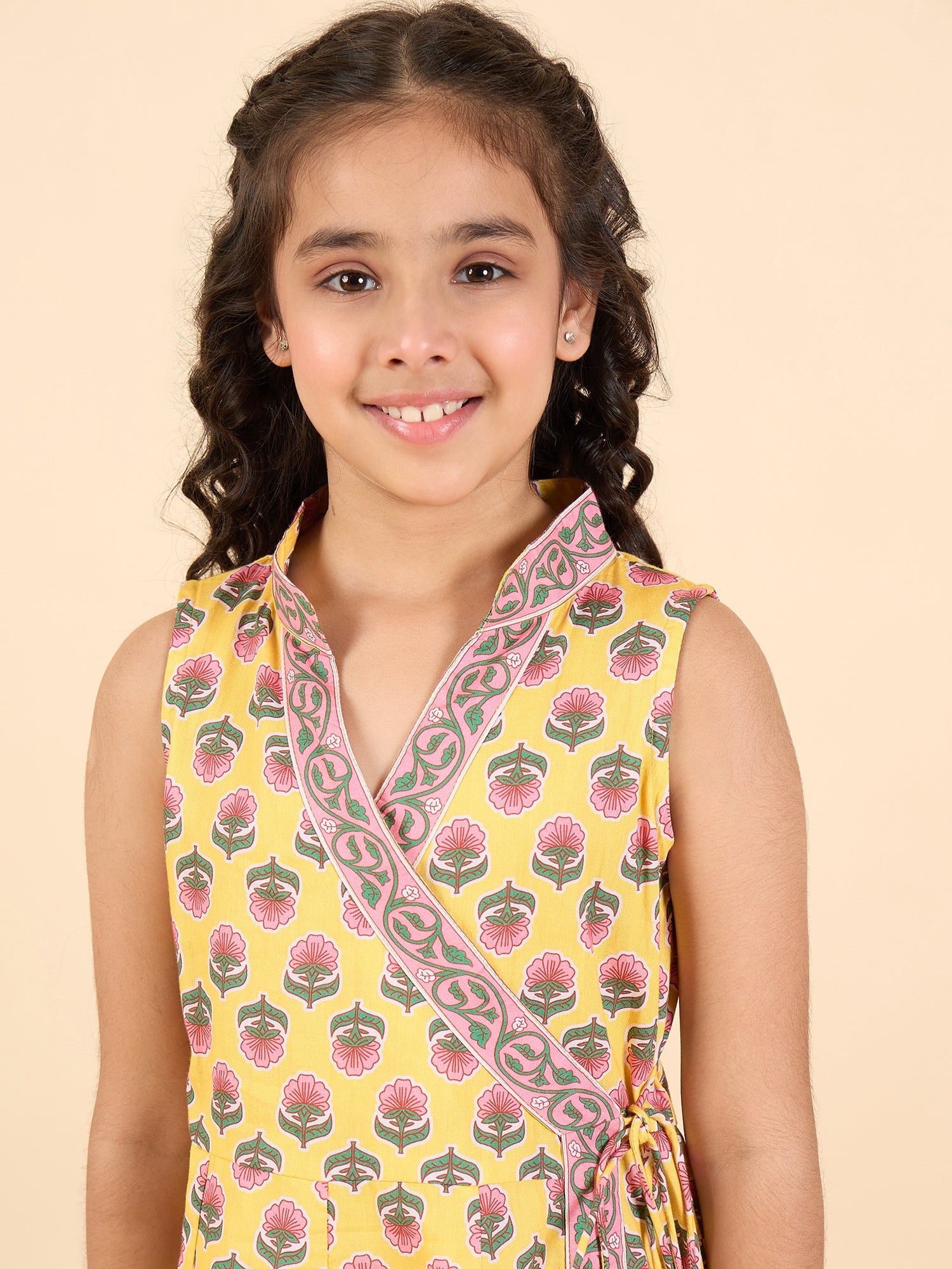 Girls Full Length All over Print Kurti Set - Yellow