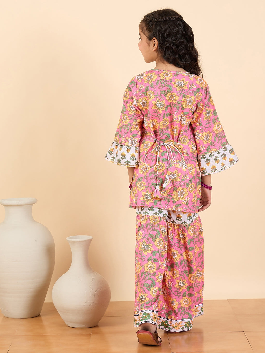 Girls Full Length All over Print Kurti Set - Pink