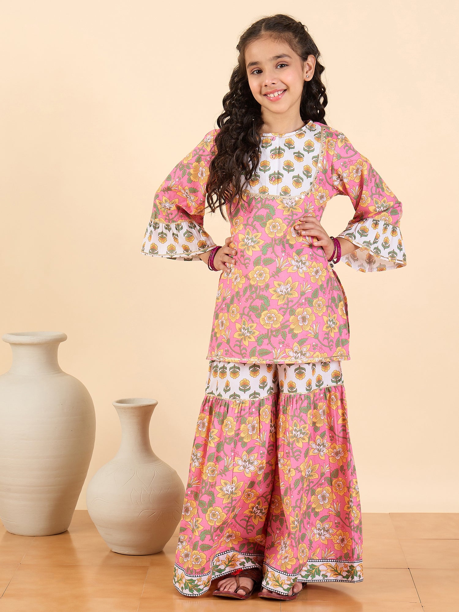 Girls Full Length All over Print Kurti Set - Pink