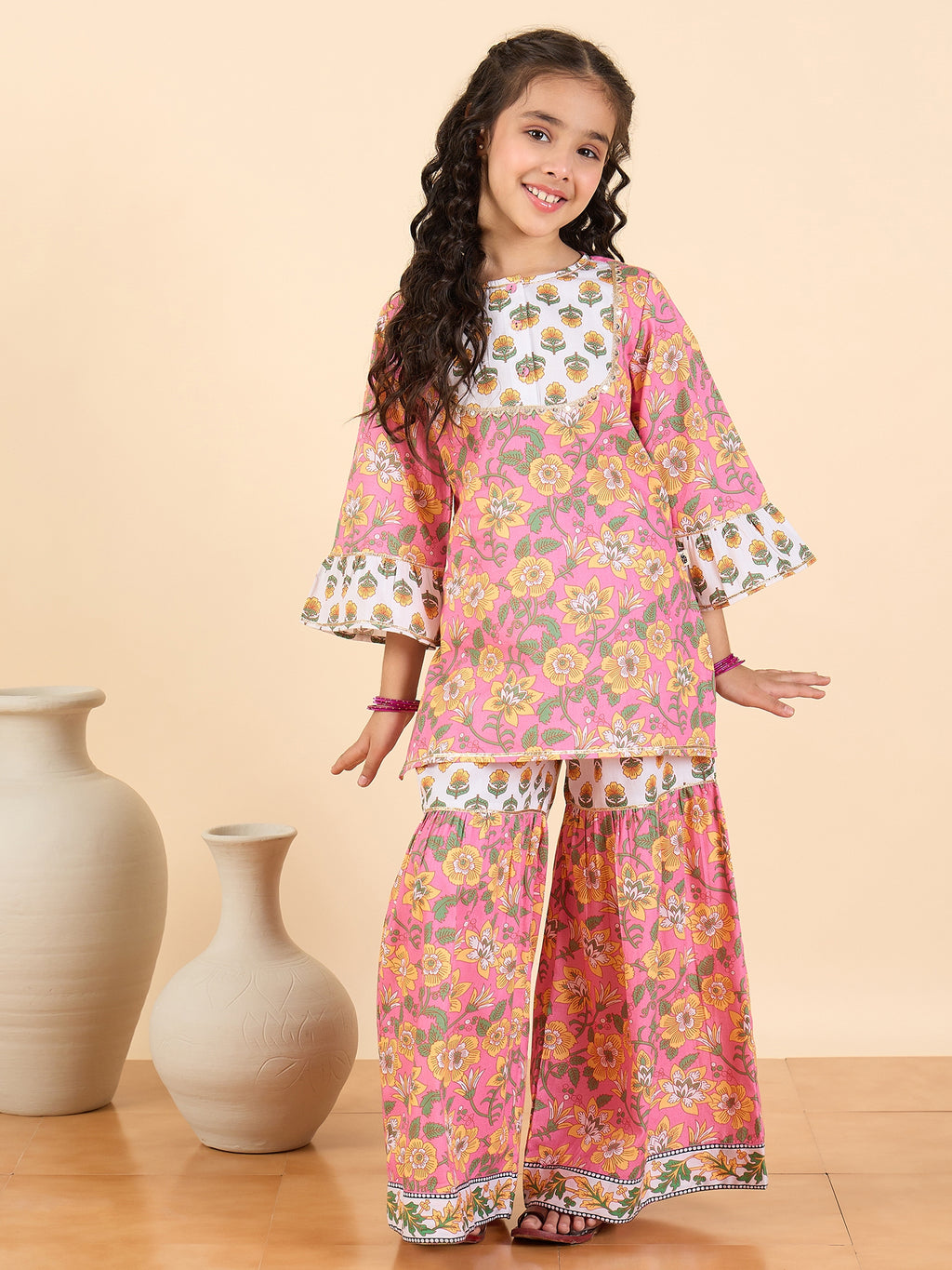 Girls Full Length All over Print Kurti Set - Pink