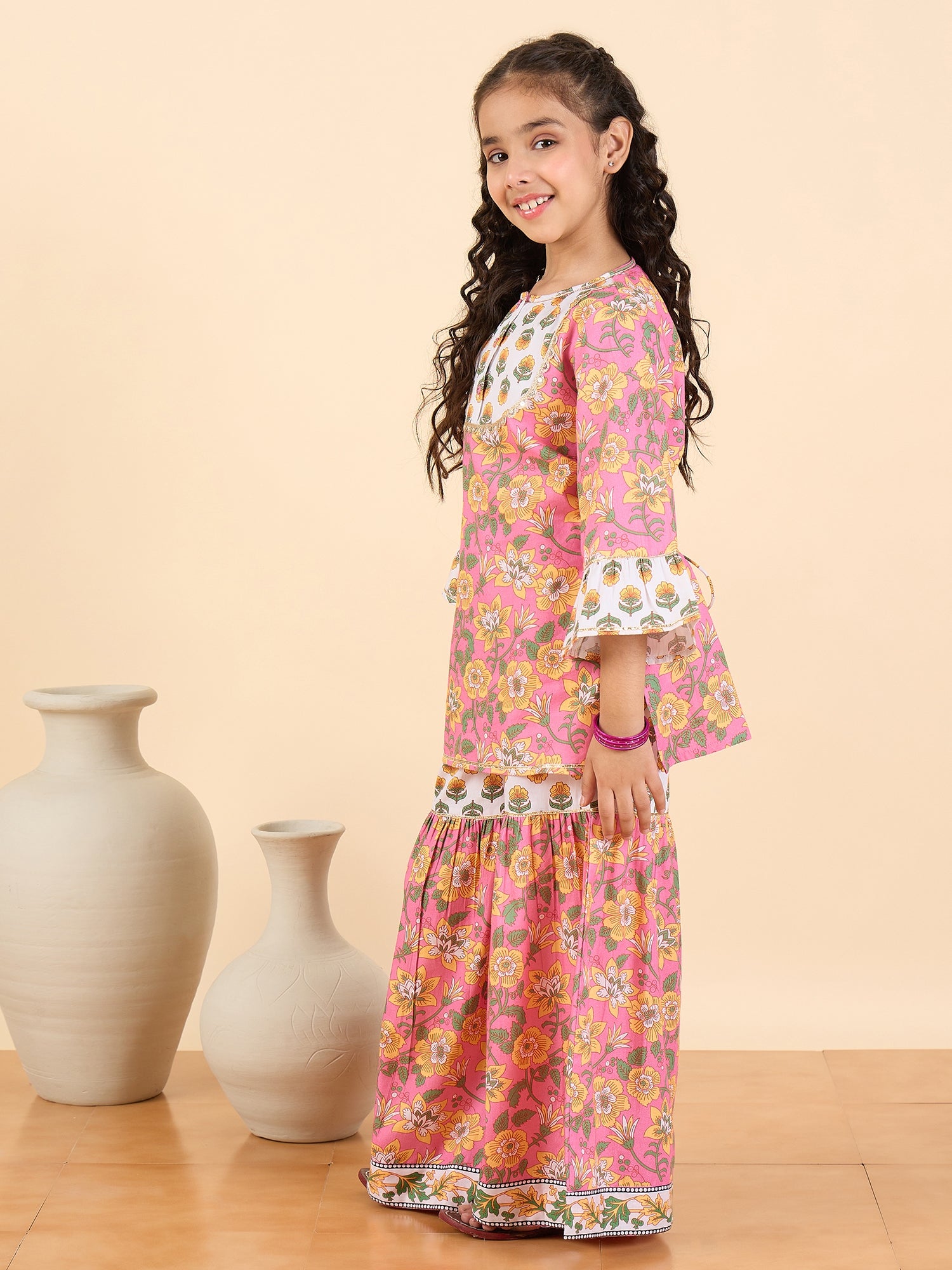 Girls Full Length All over Print Kurti Set - Pink