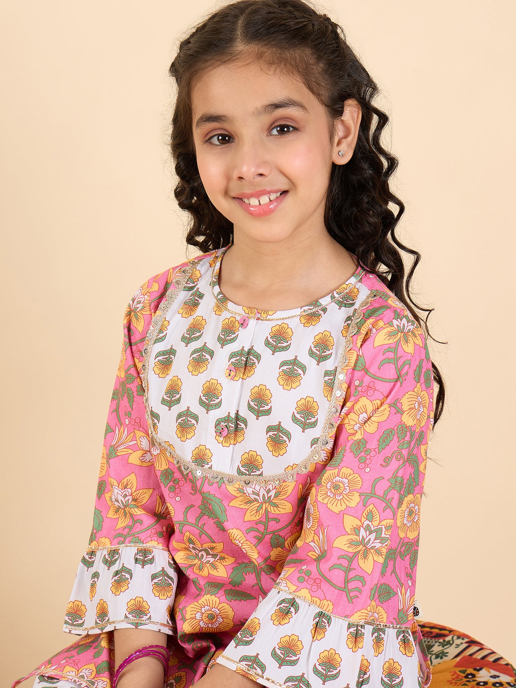 Girls Full Length All over Print Kurti Set - Pink