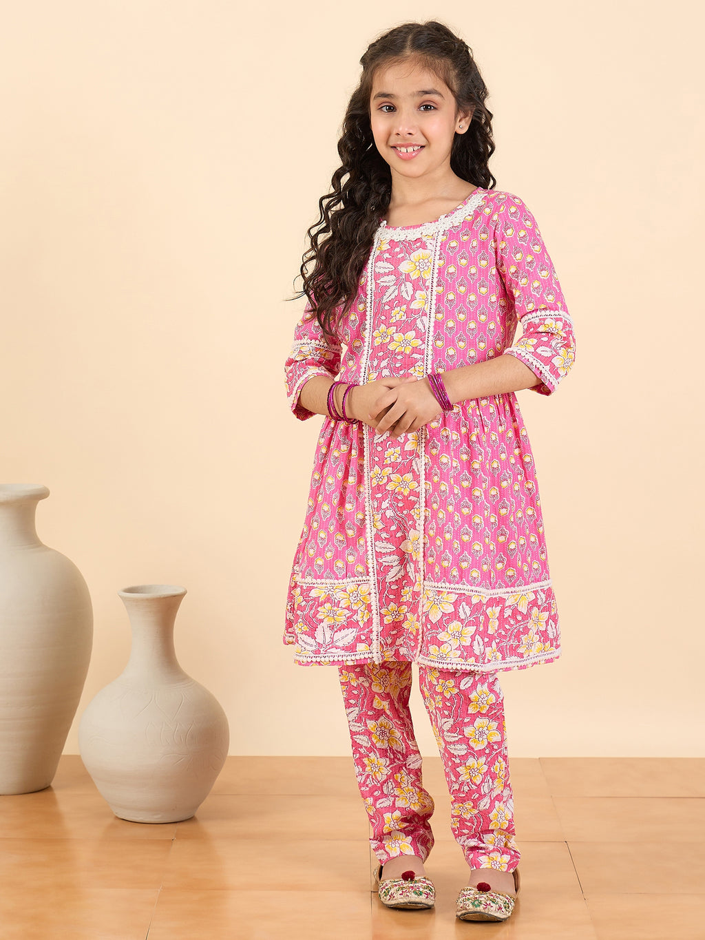 Girls Full Length All over Print Kurti Set - Pink