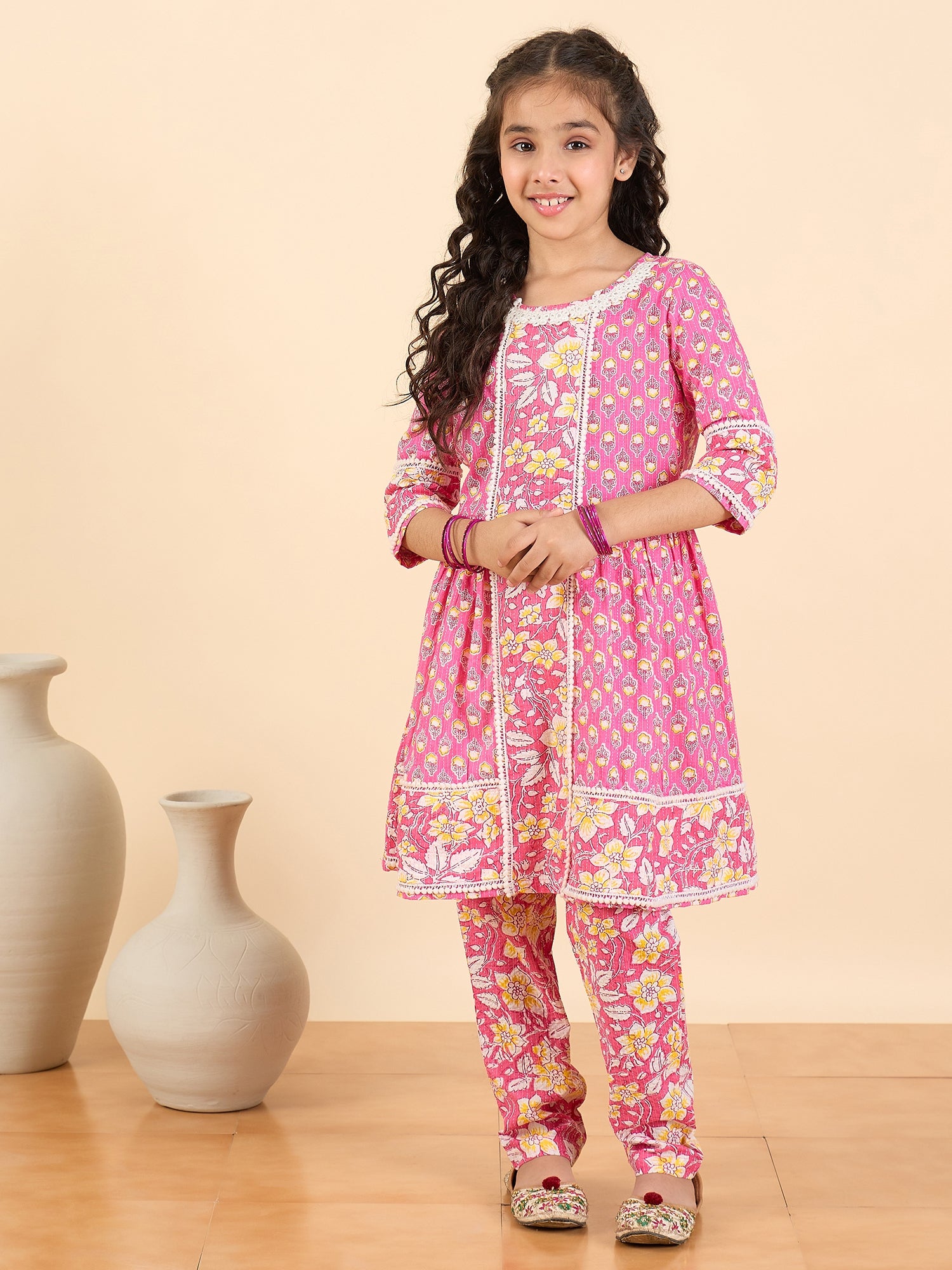 Girls Full Length All over Print Kurti Set - Pink