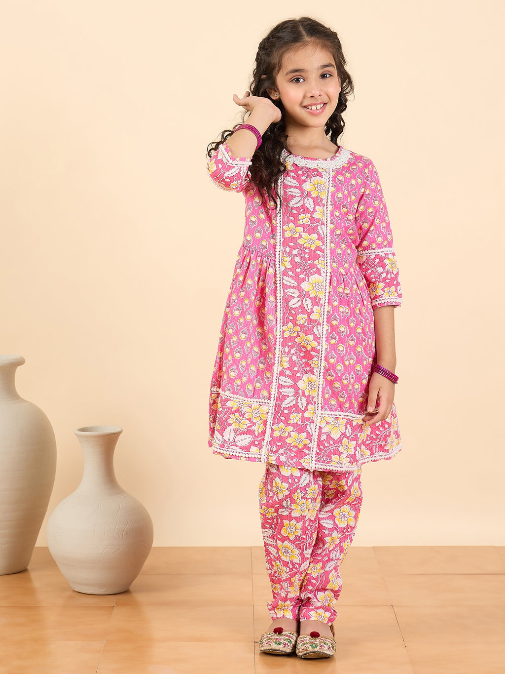 Girls Full Length All over Print Kurti Set - Pink