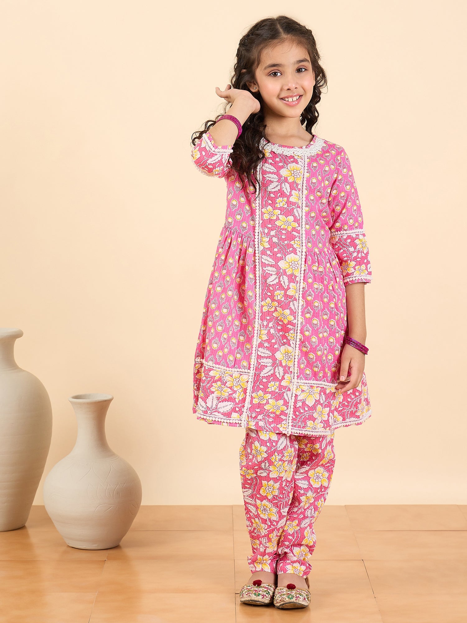 Girls Full Length All over Print Kurti Set - Pink