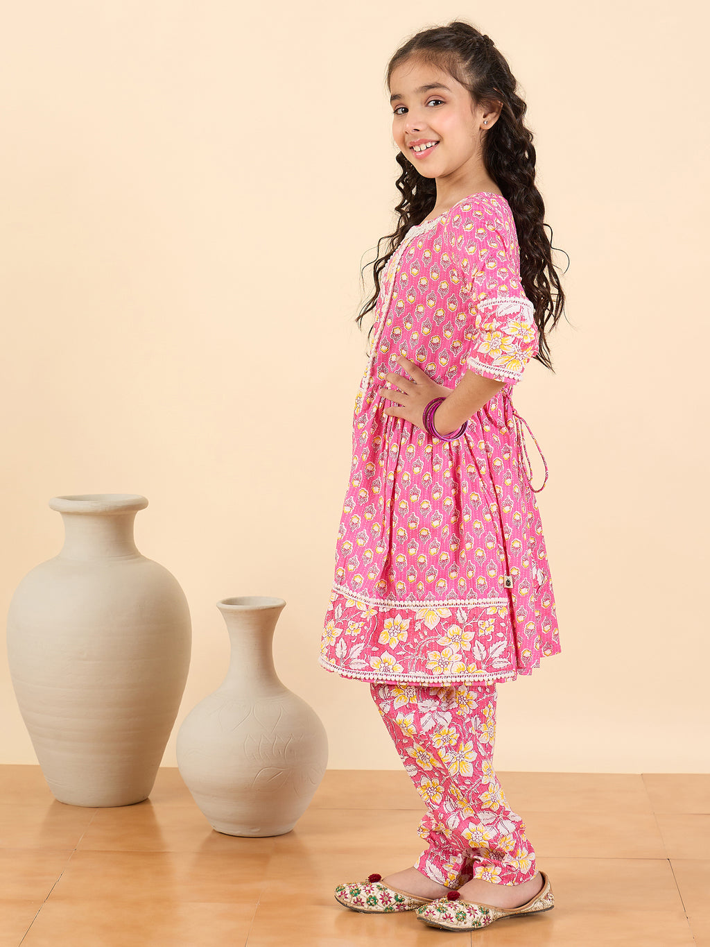 Girls Full Length All over Print Kurti Set - Pink