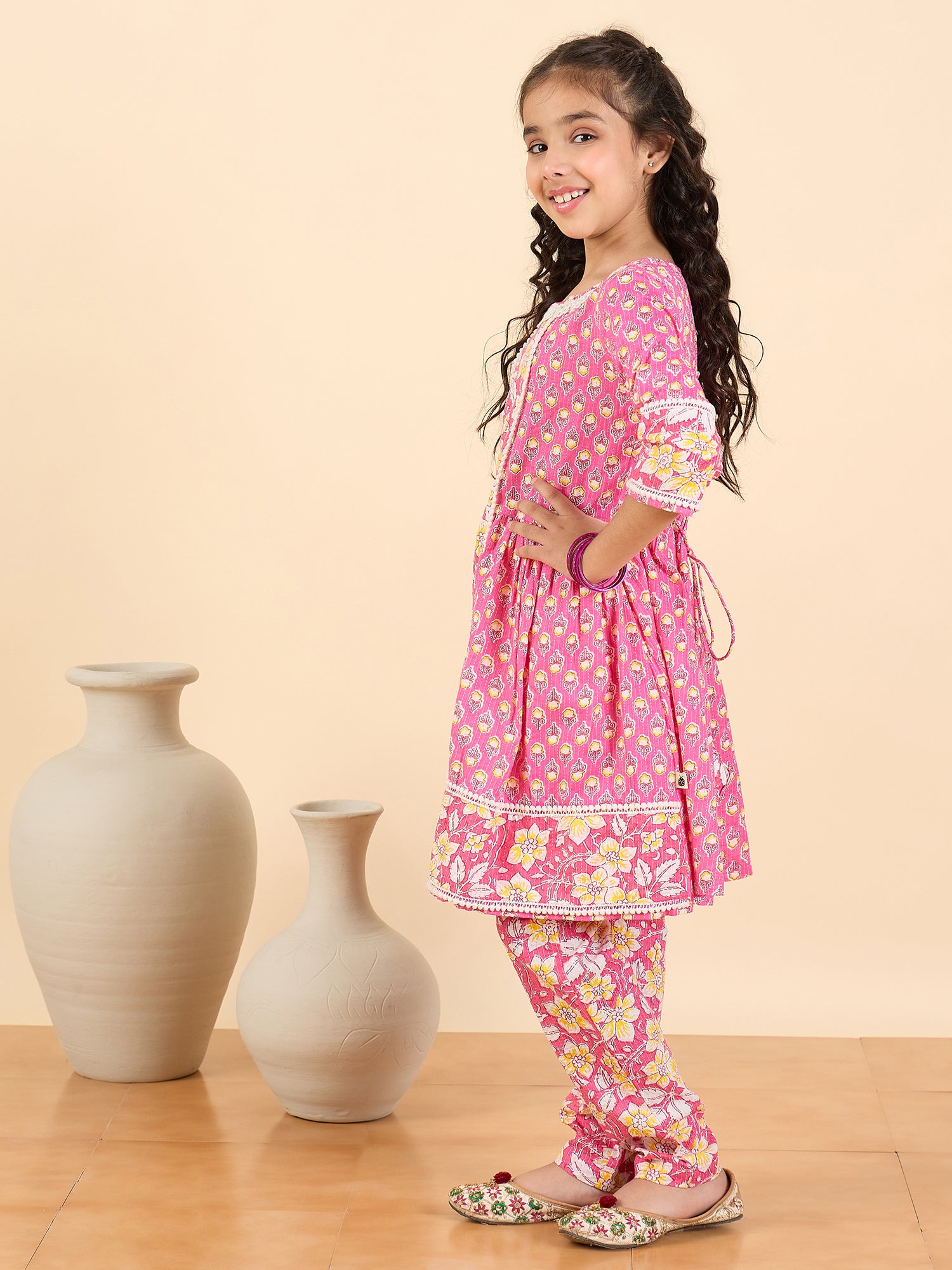 Girls Full Length All over Print Kurti Set - Pink