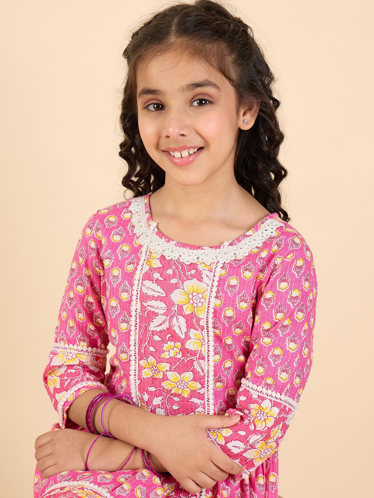 Girls Full Length All over Print Kurti Set - Pink