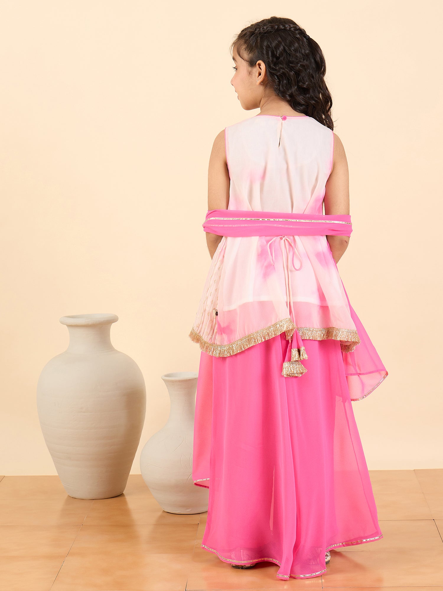 Girls Full Length All over Print Kurti Set - Pink