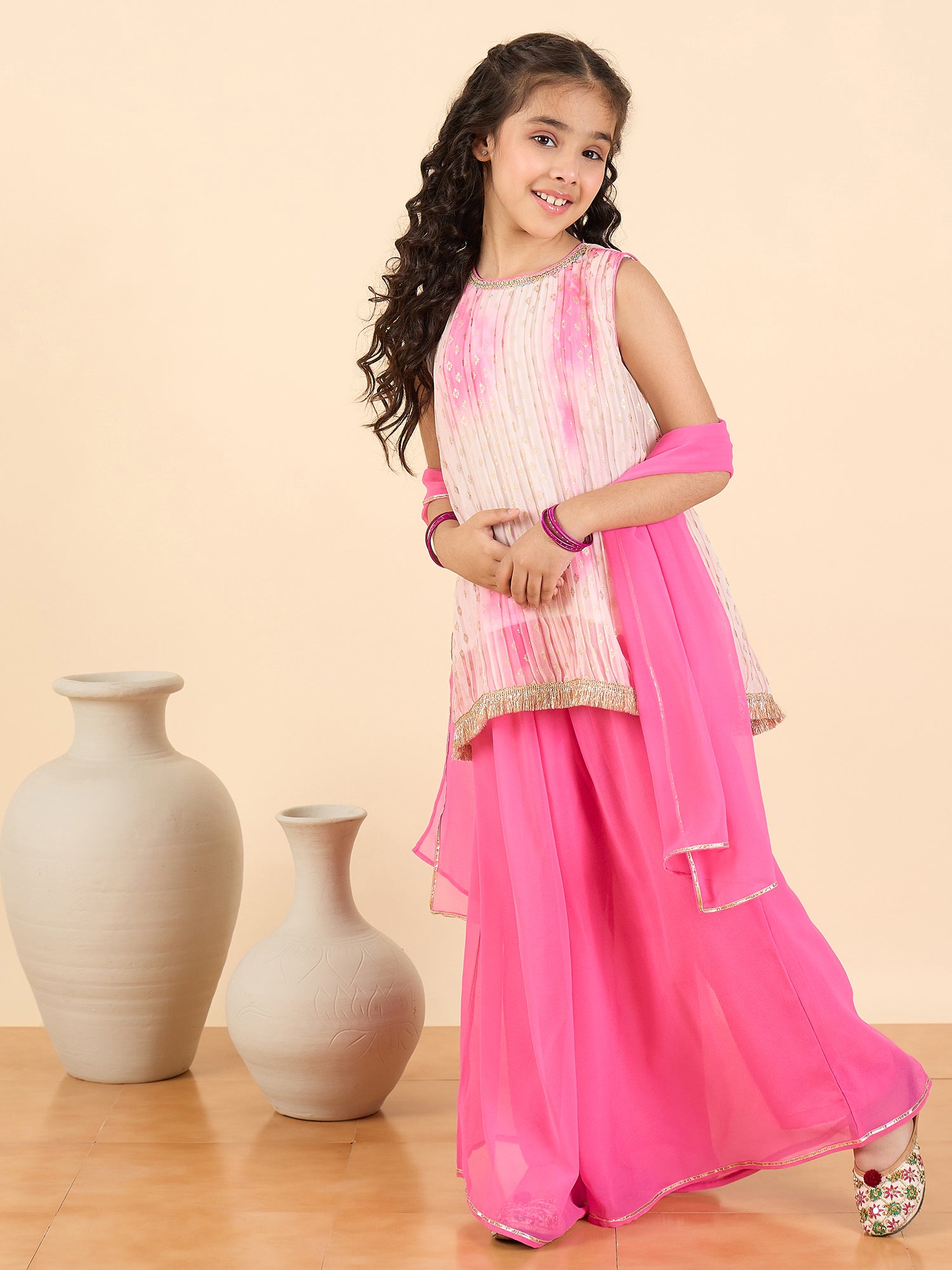 Girls Full Length All over Print Kurti Set - Pink
