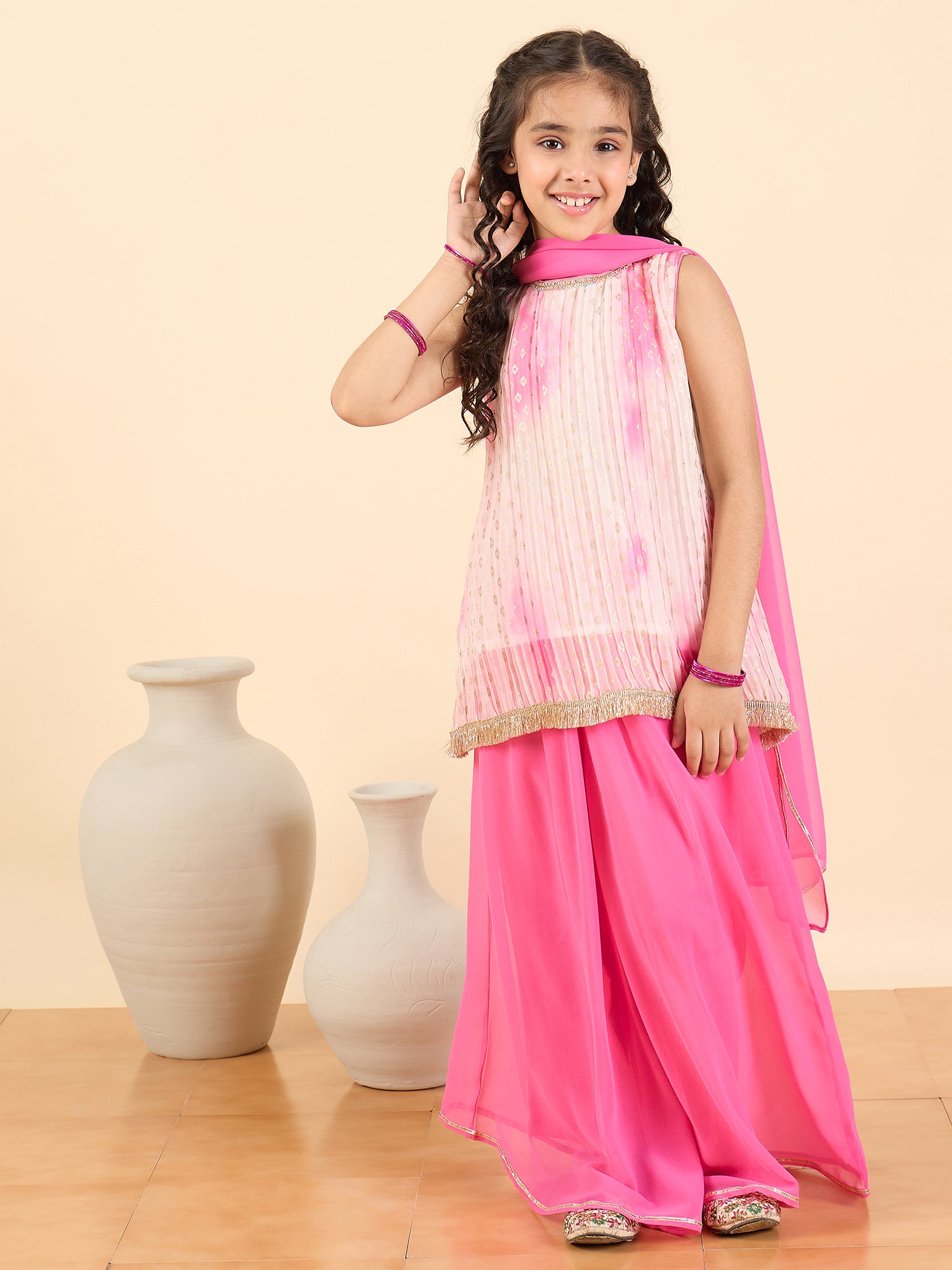 Girls Full Length All over Print Kurti Set - Pink