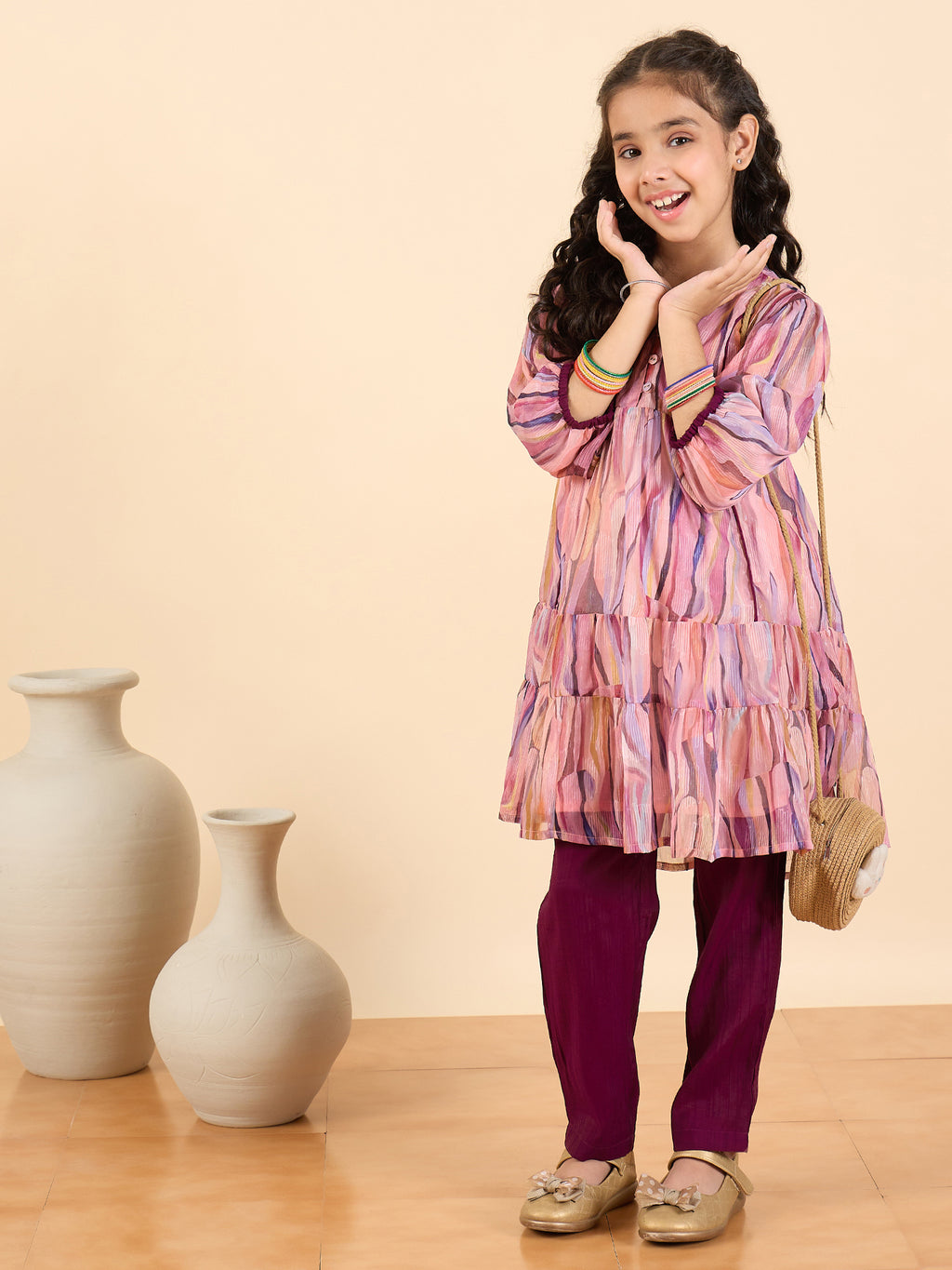 Girls Above Knee All over Print Kurti Set - Multi