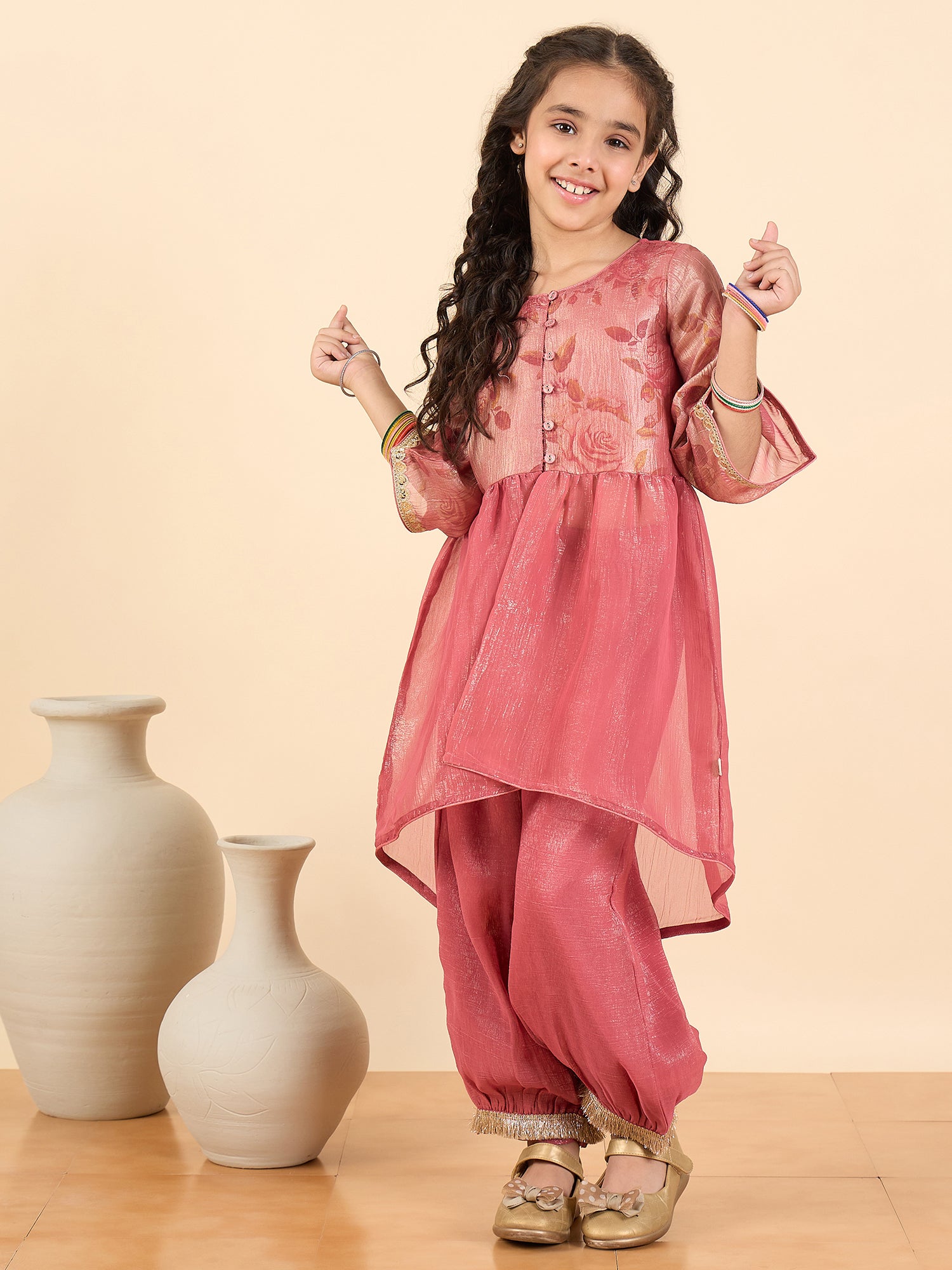 Girls Full Length Printed Kurti Set - Rust