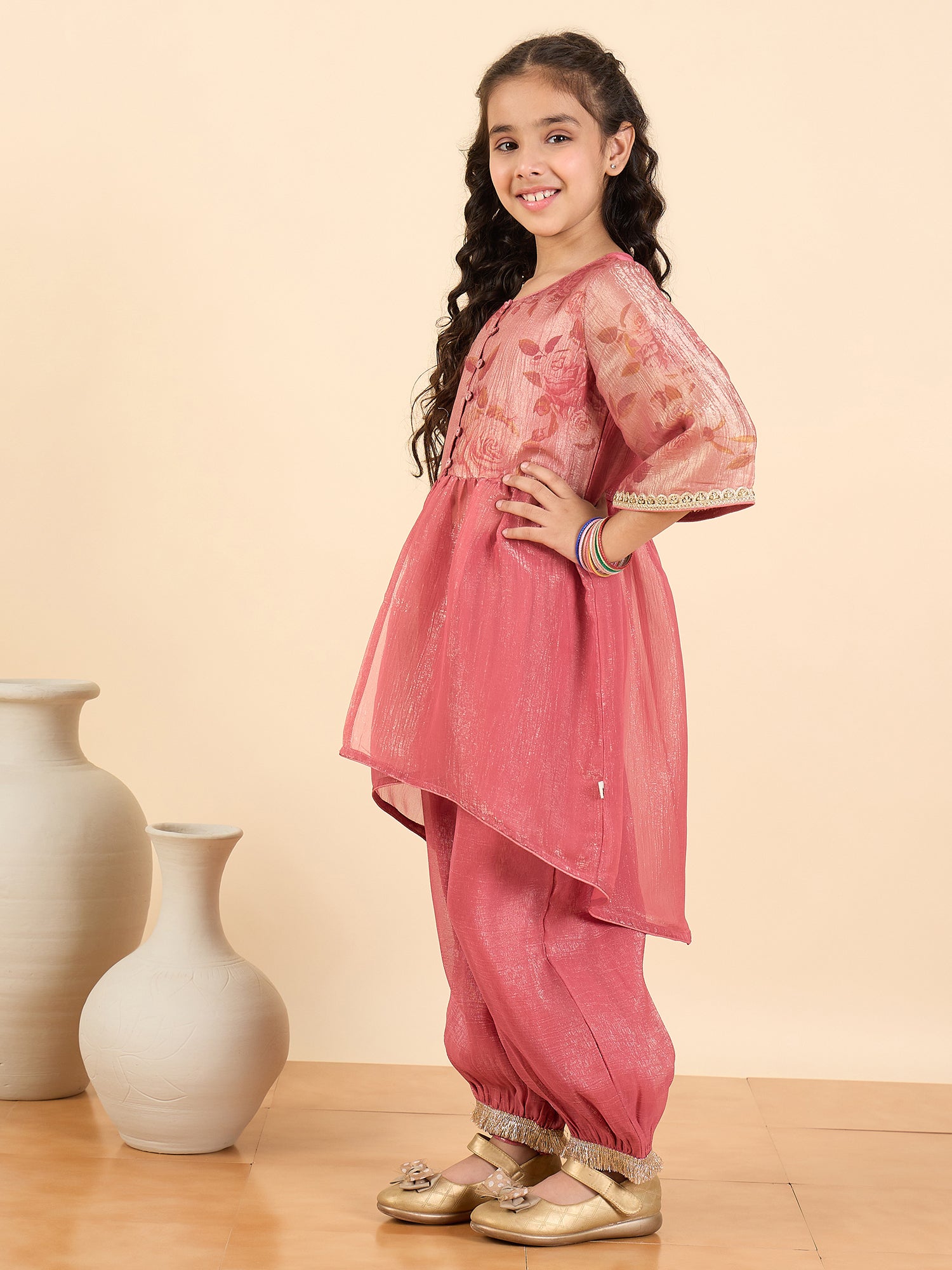 Girls Full Length Printed Kurti Set - Rust