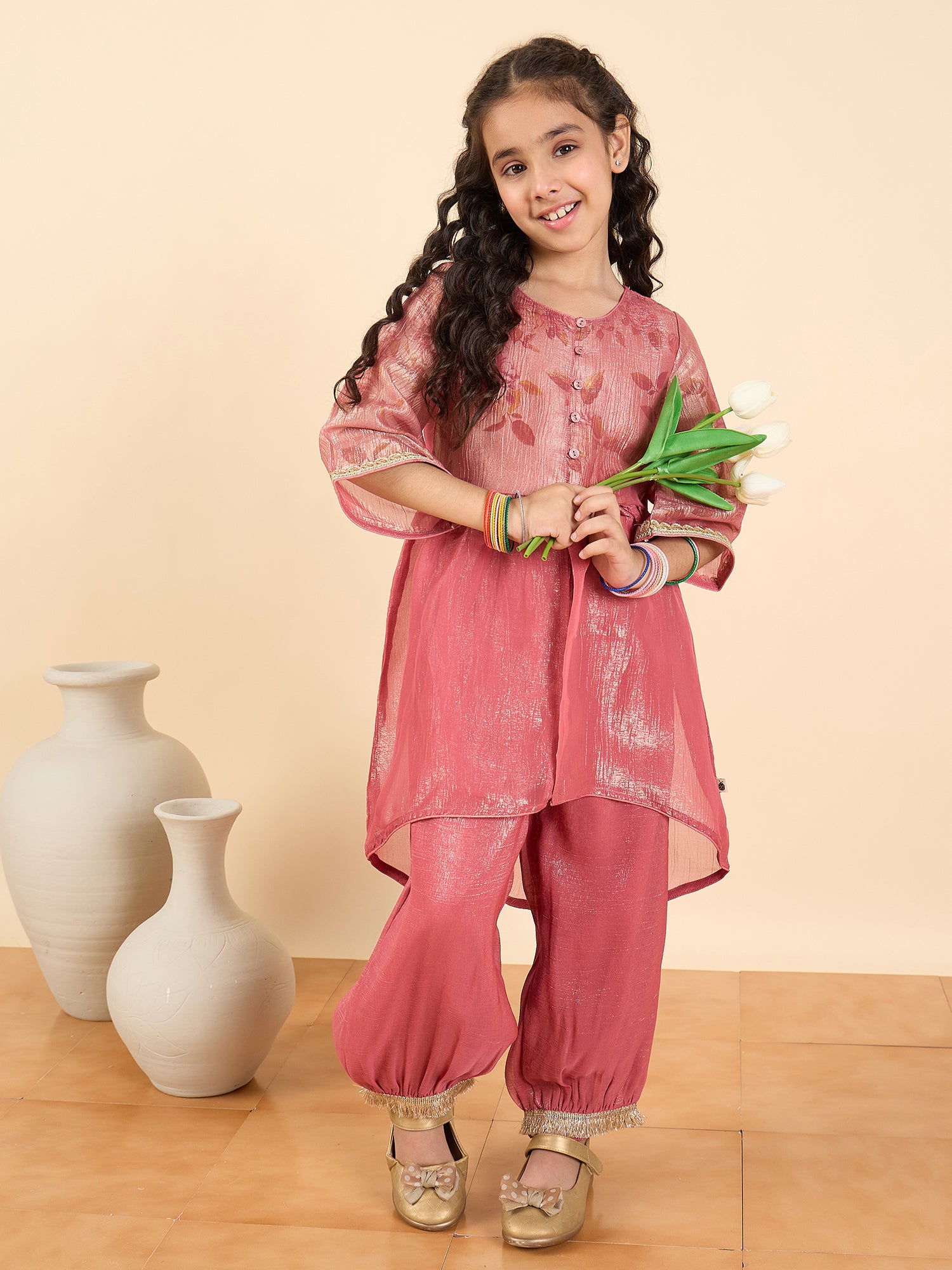 Girls Full Length Printed Kurti Set - Rust