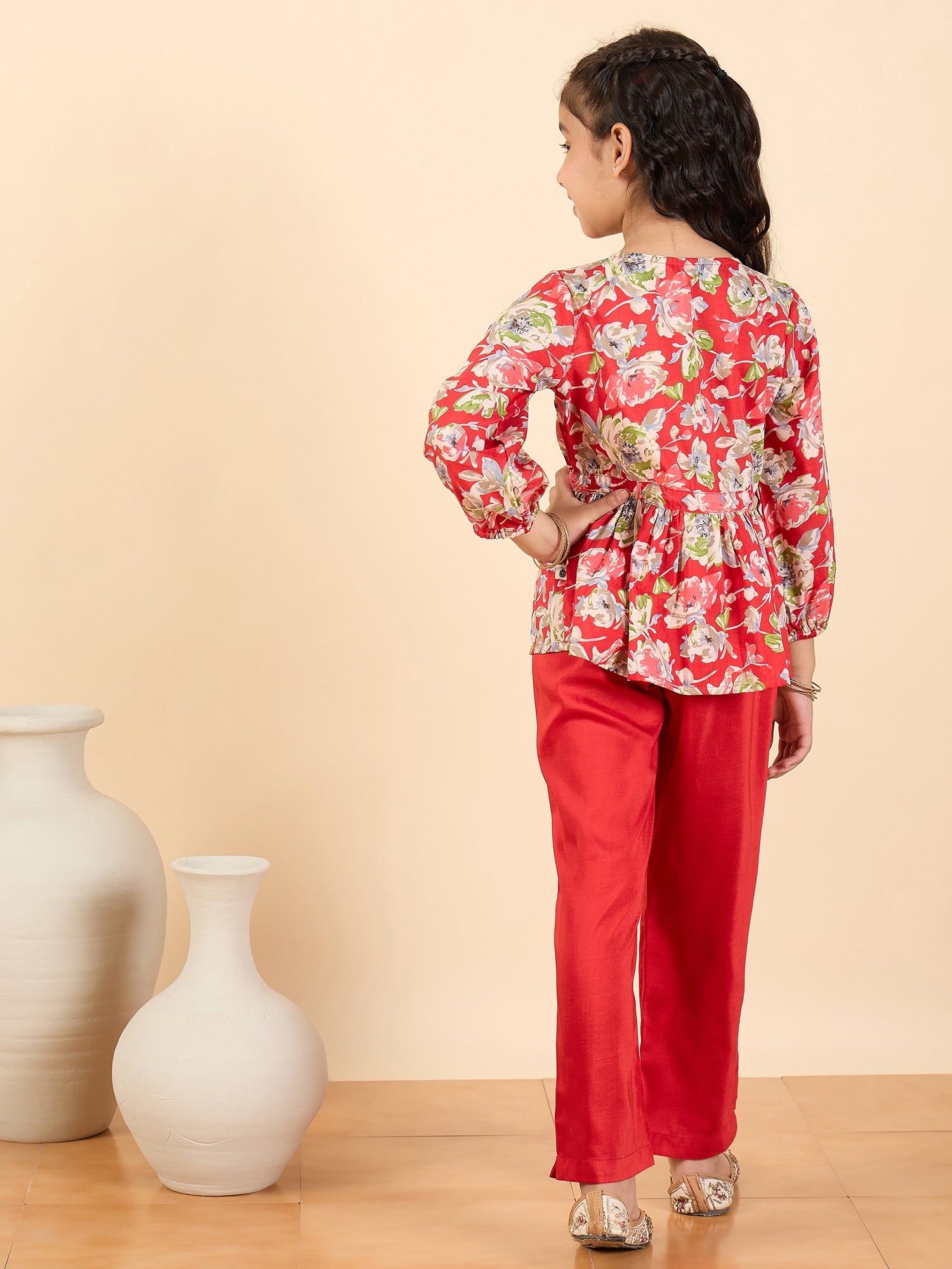 Girls Full Length All over Print Kurti Set - Red