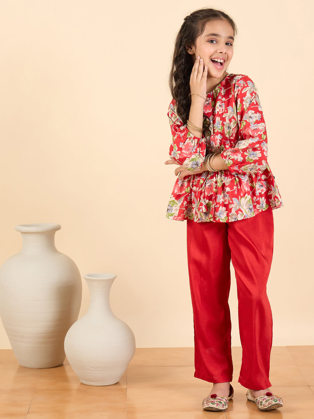 Girls Full Length All over Print Kurti Set - Red