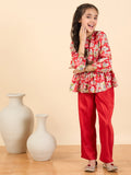 Girls Full Length All over Print Kurti Set - Red