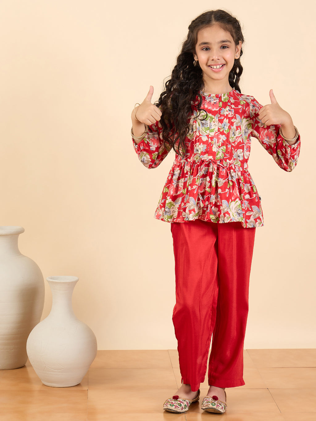 Girls Full Length All over Print Kurti Set - Red