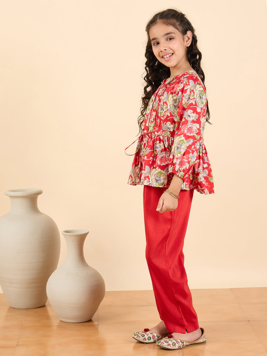 Girls Full Length All over Print Kurti Set - Red