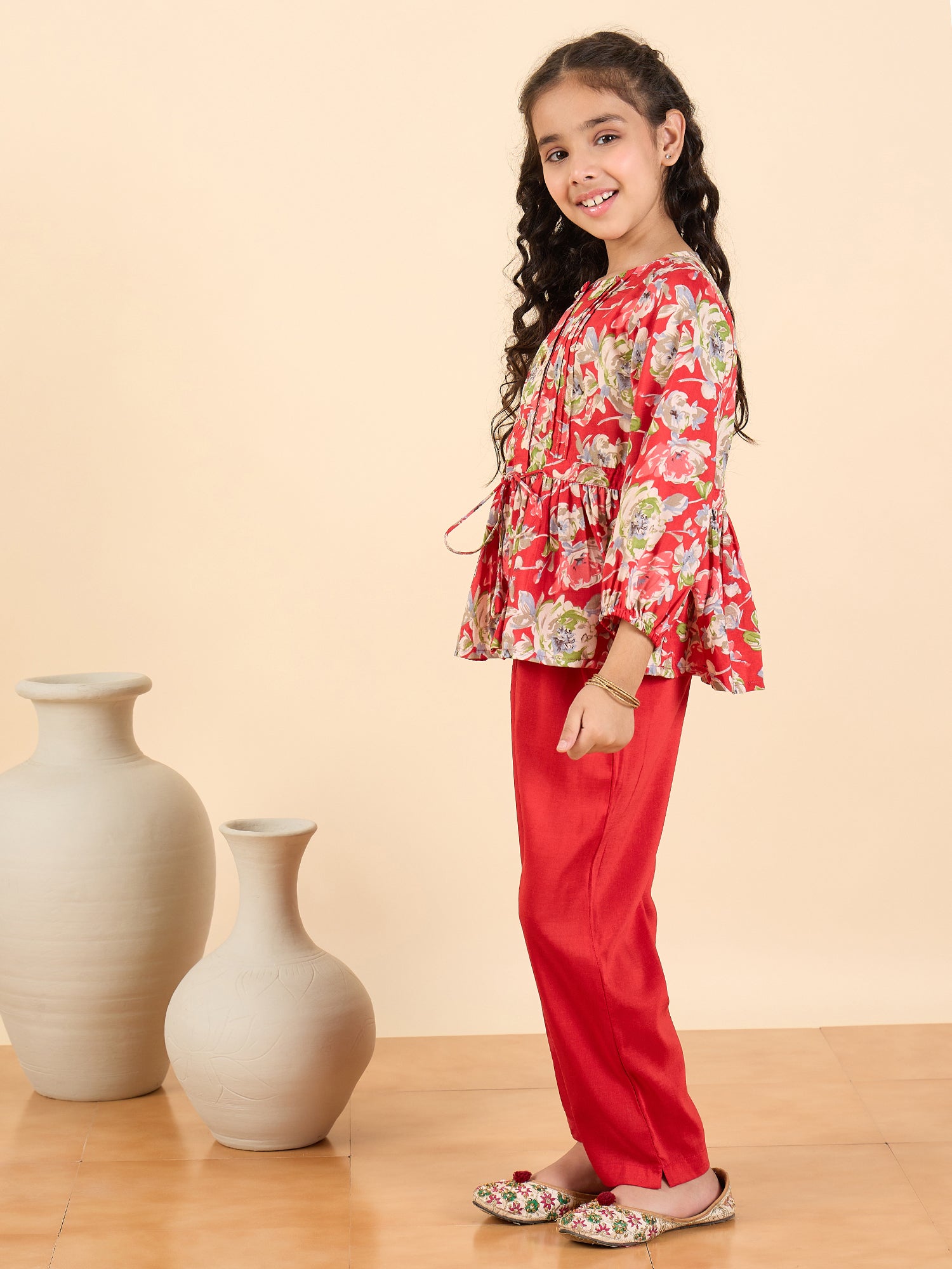 Girls Full Length All over Print Kurti Set - Red