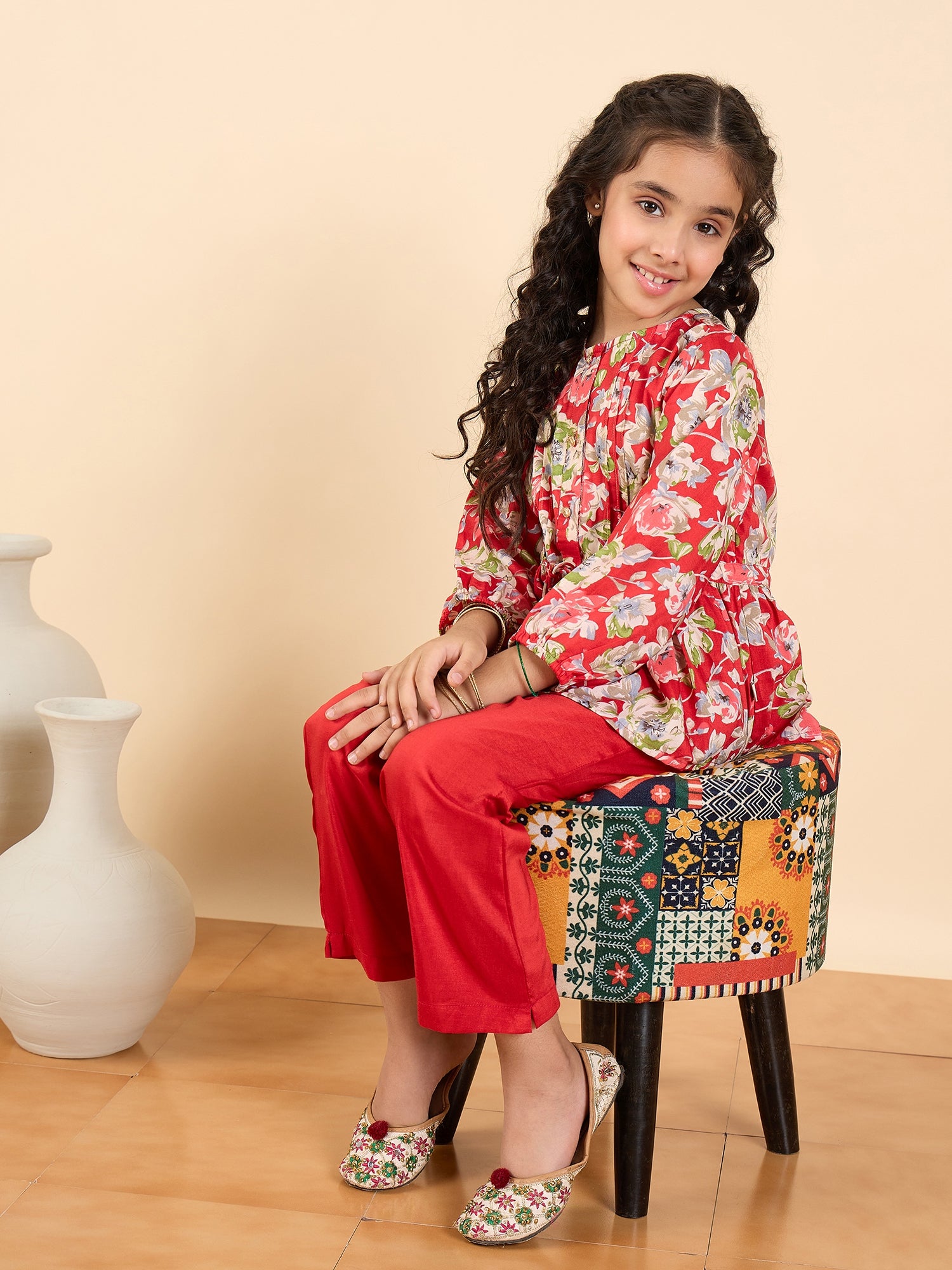 Girls Full Length All over Print Kurti Set - Red